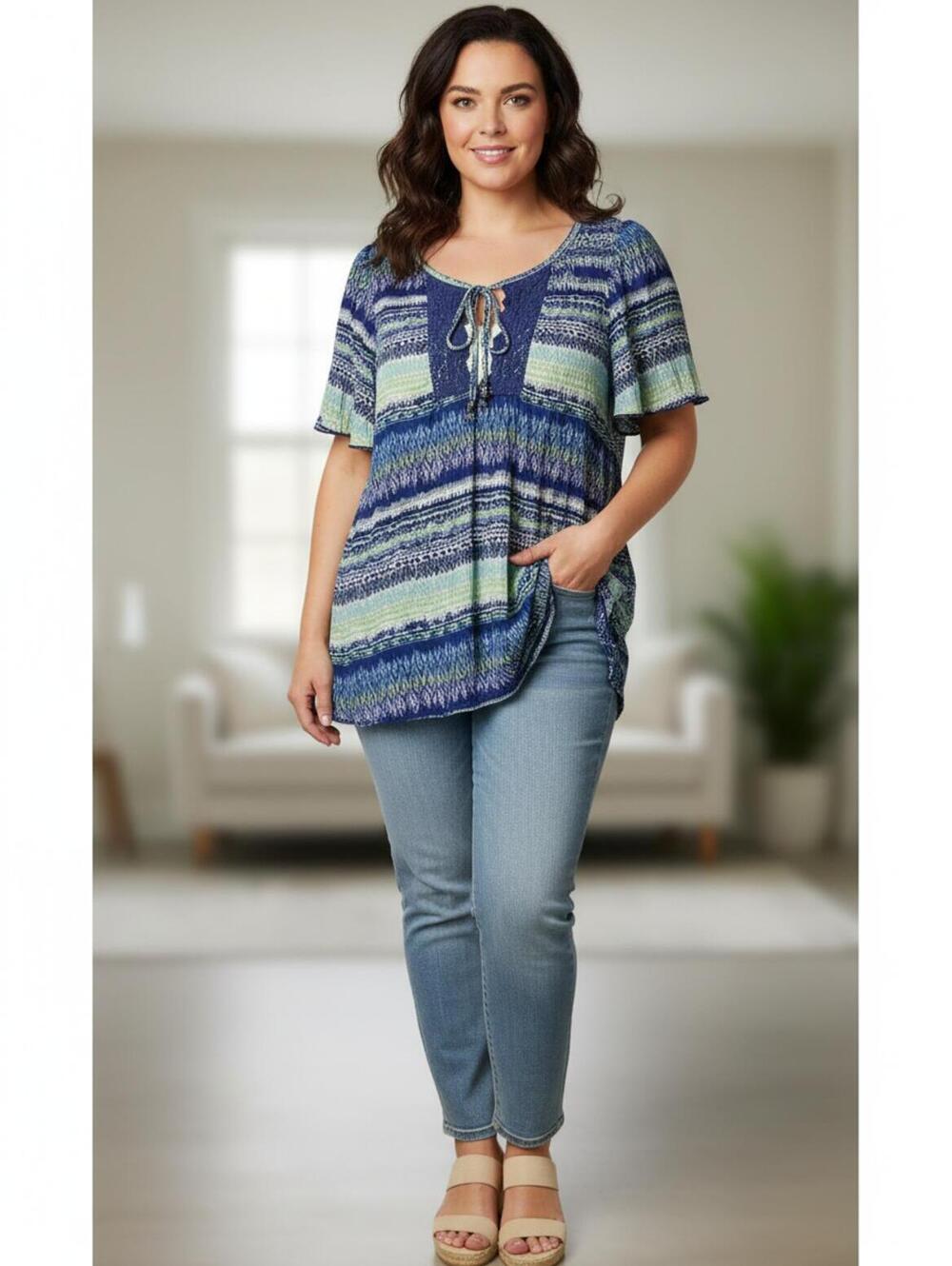 French Laundry Women's Blue and Green Striped Tie-Front Blouse Size 1X
